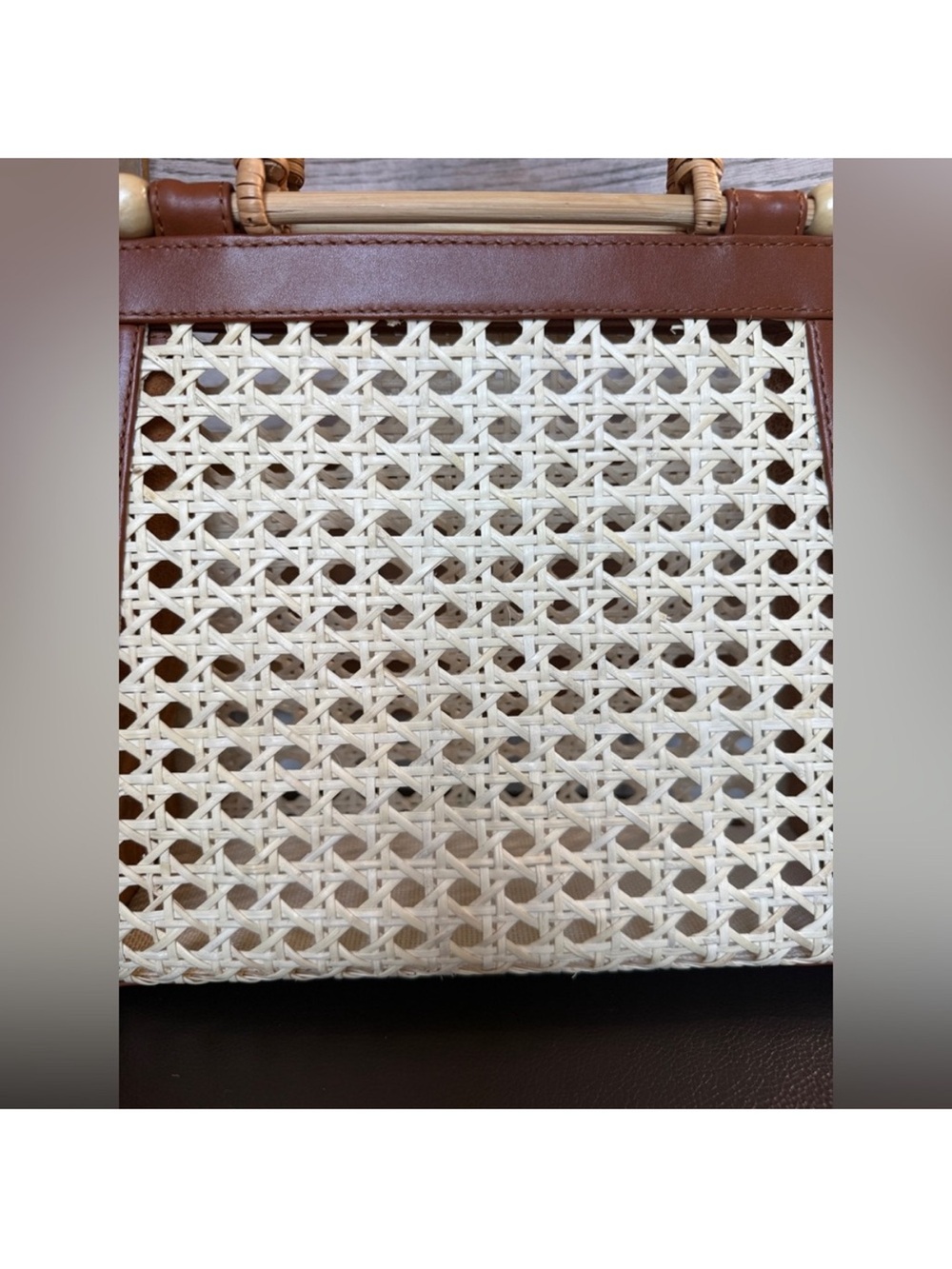 ASOS - Woven Rattan straw wooden handle Accent Tote Bag faux leather Brown Cream - Picture 4 of 8